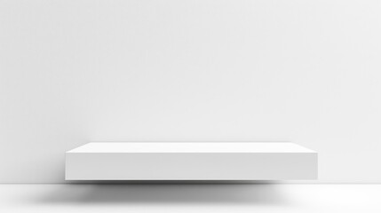 Fototapete - Empty white podium stage table in white empty studio room with sunlight beams from windows. White empty table stage mock up background for products and design, white wall square place