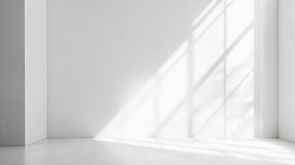 Leinwandbilder - White empty studio room with sunlight and shadows, empty studio room white minimalistic interior design. Room with soft sunlight and white walls and floor with empty copy space