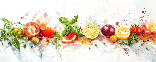 Colorful watercolor composition of assorted vegetables and fruits with a fresh and vibrant feel