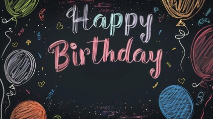 Wall Mural - Vibrant chalk art displays a festive Happy Birthday message surrounded by colorful balloons and confetti.