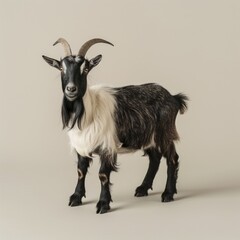 Wall Mural - Medium shot of a black goat full body shot, isolated on a light solid pastel white background,