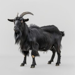 Wall Mural - Medium shot of a black goat full body shot, isolated on a light solid pastel white background,