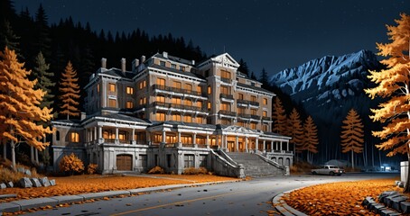 luxury hotel resort at the base of a mountain in the yellow orange autumn woods at night. modern baroque architecture building in the woodland wild forest mountains.