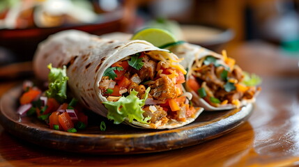 Sticker - Traditional Mexican food burrito with grounded meat, corn, vegetables, on the plate in the restaurant