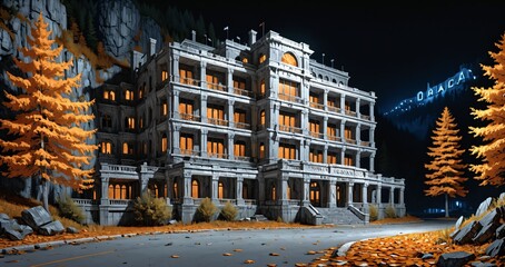 luxury hotel resort at the base of a mountain in the yellow orange autumn woods at night. modern baroque architecture building in the woodland wild forest mountains.