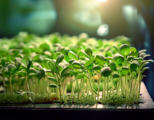 Microgreens growing in plastic containers with blurred green bokeh background