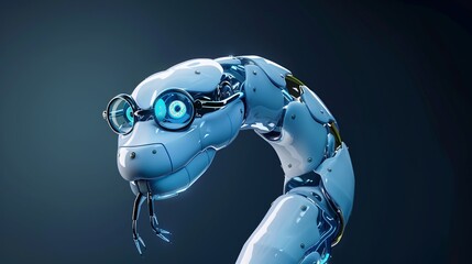 Wall Mural - Futuristic snake-like robot with glasses, holding an open book in a digital world of blue tones, blending technology and knowledge in a sleek, modern design.