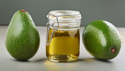 Wall Mural - Avocado oil in a glass jar with whole and half cut avocados beside it, isolated on white background. Natural beauty and health benefits of this versatile ingredient