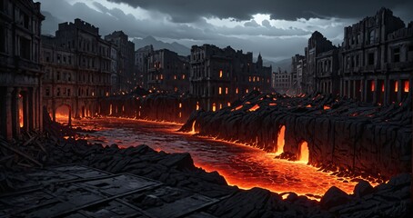 post apocalyptic city buildings drowning in lava during post apocalypse cataclysm. destroyed town ruins in magma with gate of hell hellmouth inferno entrance.