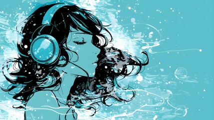 Sticker - Woman listening to music with headphones