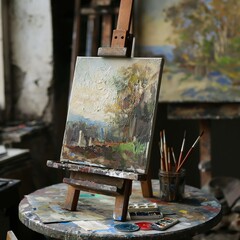 An easel holds a colorful, textured painting in an artist’s studio, surrounded by brushes and art supplies.