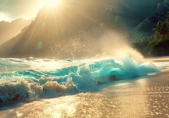 Wall Mural - Golden Hour Ocean Wave Crashing on Sandy Beach