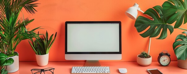 Poster - Modern minimalist workspace with computer and greenery on orange desk