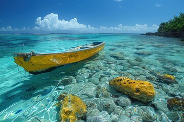 Wall Mural - A small yellow boat floating on crystal-clear turquoise waters with a rocky shoreline under a bright blue sky filled with white clouds