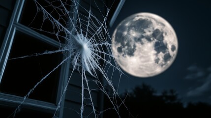 Wall Mural - A haunted house with cobwebs, broken windows, and a full moon in the background, high-resolution photo, realistic photo