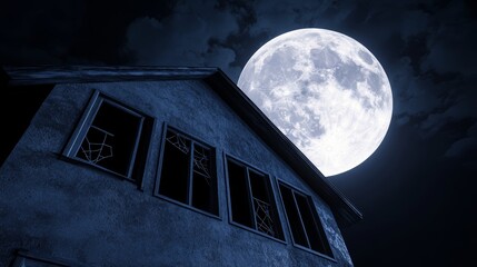 Wall Mural - A haunted house with broken windows, cobwebs, and a full moon in the background, high-resolution photo, realistic photo