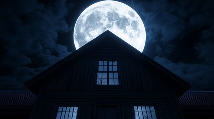 Wall Mural - A haunted house with broken windows, cobwebs, and a full moon in the background, high-resolution photo, realistic photo