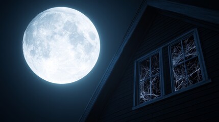 Wall Mural - A haunted house with cobwebs, broken windows, and a full moon in the background, high-resolution photo, realistic photo
