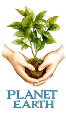 illustration, two hands holding a plant with dirt, earth environment growing, banner sign that says, Plante Earth, isolated transparent png background