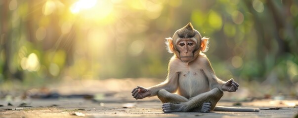 Wall Mural - Calm monkey in simple clothes sitting and meditating peacefully. Free copy space for text.