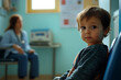 © Helen - A scene depicting a child at a doctor's appointment in a medical office. The image shows the child sitting on an examination table, interacting with the doctor who is using medical tools to check the