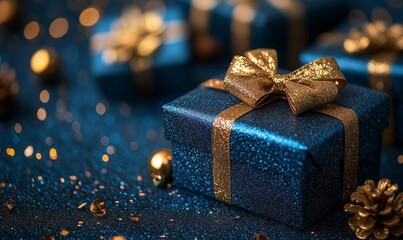 Blue Christmas gift boxes with gold bow on blue defocused holiday background, Generative AI