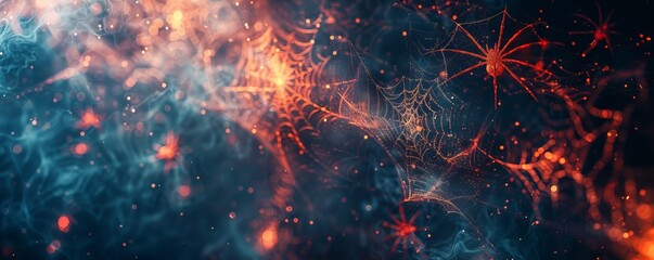 Mystical spider web with glowing lights and bokeh effect at night