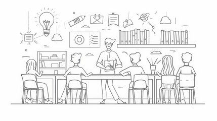 Wall Mural - A group of people are sitting around a table, brainstorming ideas. A leader stands at the front, holding a notebook and leading the discussion.