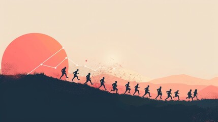 Poster - A group of people running uphill, representing teamwork, ambition, progress, and growth, symbolized by a rising sun and a graph, indicating positive movement.