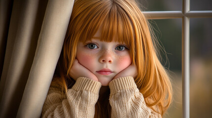 Wall Mural - A young girl with red hair and blue eyes is sitting with her hands on her knees