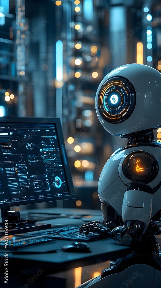 Advanced AI system monitoring IT vendor risks, office filled with ...
