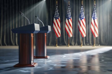 Podium and american flag in row, US presidential election, Generative AI