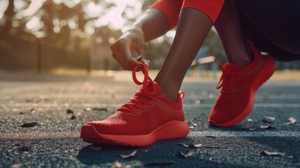 Poster - Woman Tying Red Running Shoe Laces on Track