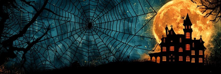 Sticker - A spooky and eerie scene of a haunted mansion silhouetted against a full moon with a spiderweb in the foreground. The scene evokes feelings of mystery, suspense, and Halloween.