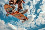 Skateboarder Soars High Above in Midair Trick Against a Gorgeous Blue Sky