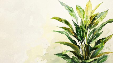 Watercolor Painting tropical ti plant in wet-on-wet style, vibrant blending, light beige background