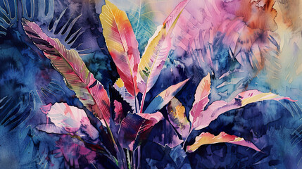 Watercolor Painting tropical ti plant using layering (glazing), deep hues, textured paper background