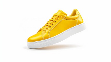 Wall Mural - Flying yellow leather womens sneaker isolated on a white background Fashionable stylish sports casual shoes Creative minimalistic layout with footwear Mockup for design advertising for