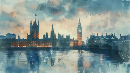 Wall Mural - A watercolor painting of the London skyline, featuring Big Ben and the Houses of Parliament. The city is bathed in the warm glow of sunset, with the River Thames flowing in the foreground. The paintin