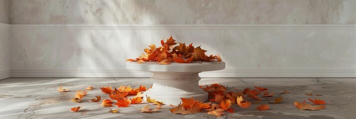 Sticker - A white pedestal with autumn leaves scattered around it, symbolizing the changing seasons, the beauty of nature, and the transition from summer to fall.