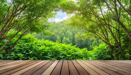 Wall Mural - Green forest with wooden floor background