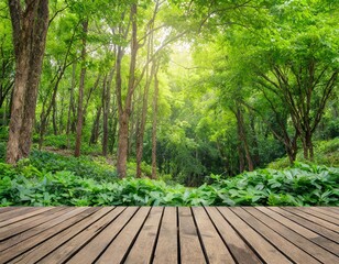 Wall Mural - Green forest with wooden floor background