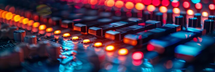 Poster - Abstract close-up of a circuit board with colorful lights, symbolizing technology, innovation, connectivity, data flow, and progress.