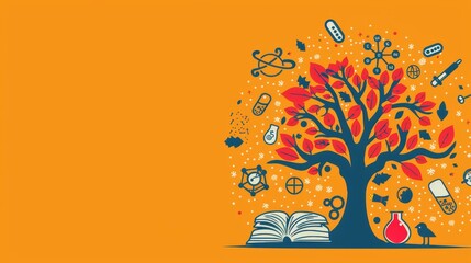 Sticker - The knowledge tree symbolizes education, growth, and the pursuit of knowledge with a book, a beaker, a bird, and various science symbols.