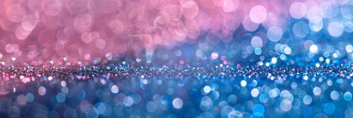 Wall Mural - This abstract background features a blend of pink and blue glitter with soft bokeh lights, symbolizing elegance, magic, celebration,  fantasy and joy.