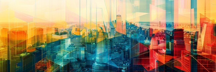 Wall Mural - This abstract image captures the essence of a modern city with vibrant colors and geometric shapes representing towering buildings, bustling streets, and a sense of dynamic growth.