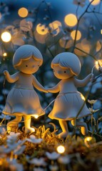 Sticker - Two figurines holding hands in a garden with fairy lights. AI.