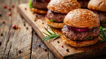 Wall Mural - Three mouthwatering beef burgers with sesame seed buns, juicy patties, and fresh toppings, served on a rustic wooden board, symbolizing deliciousness, comfort food, grilling, home cooking, and satisfa