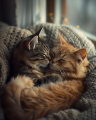 Poster - Two cats cuddling and sleeping. AI.