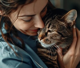 Wall Mural - A woman cuddling a cat. AI.